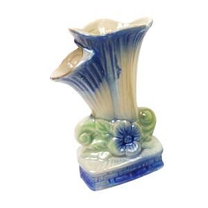 Vintage Trumpet Vase Iridescent Blue Gold Floral 2 Openings 5" Brazil Made